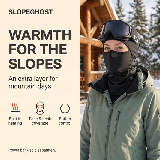 SlopeGhost heated mask worn outside a ski lodge: built-in heating, face and neck coverage, button control; power bank sold separately